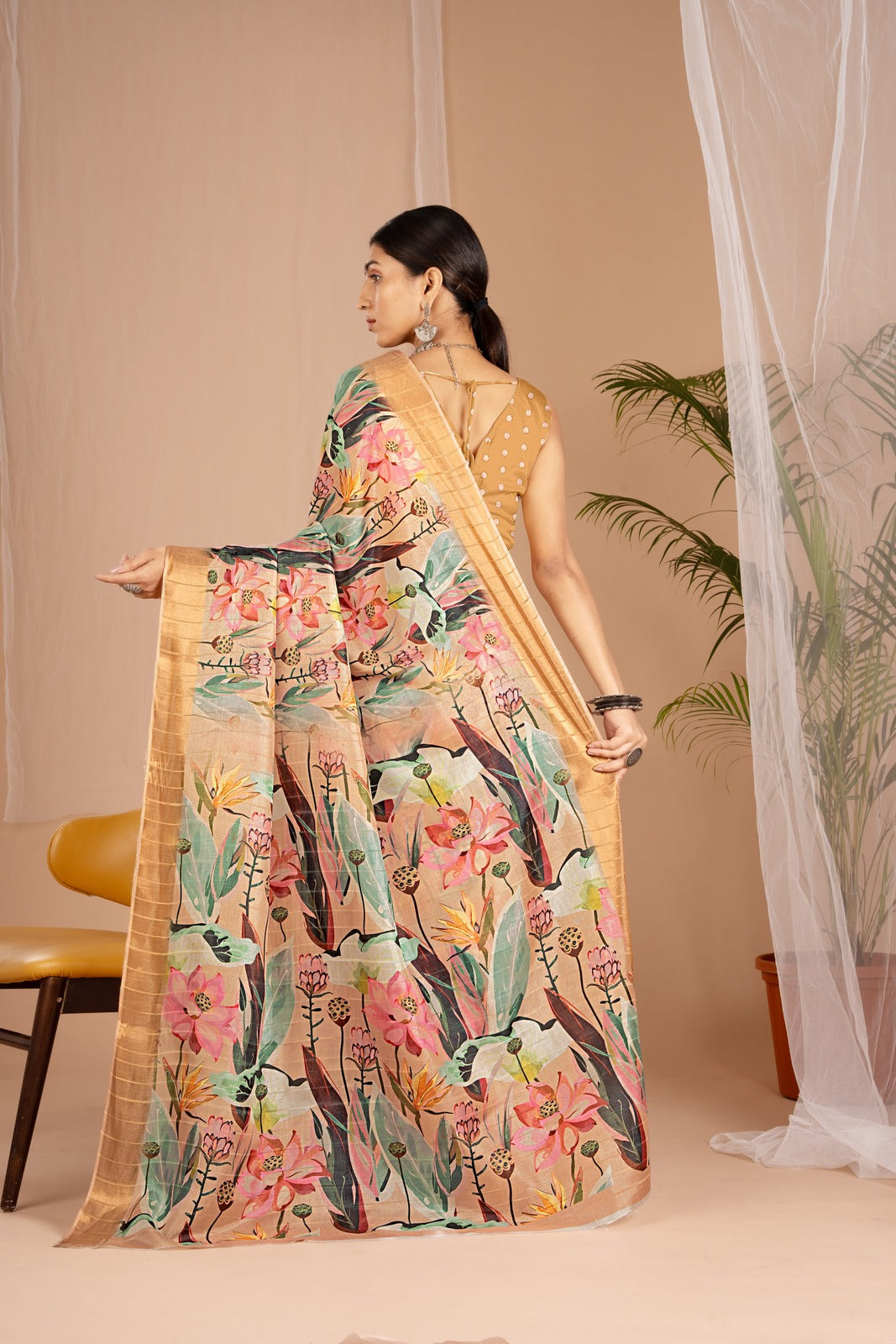 Golden Cot Handloom Silk Digital Print Light Yellow Floral Saree With Golden Border