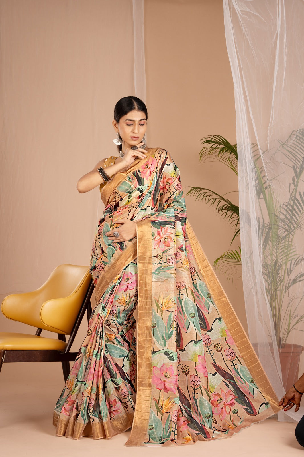 Golden Cot Handloom Silk Digital Print Light Yellow Floral Saree With Golden Border