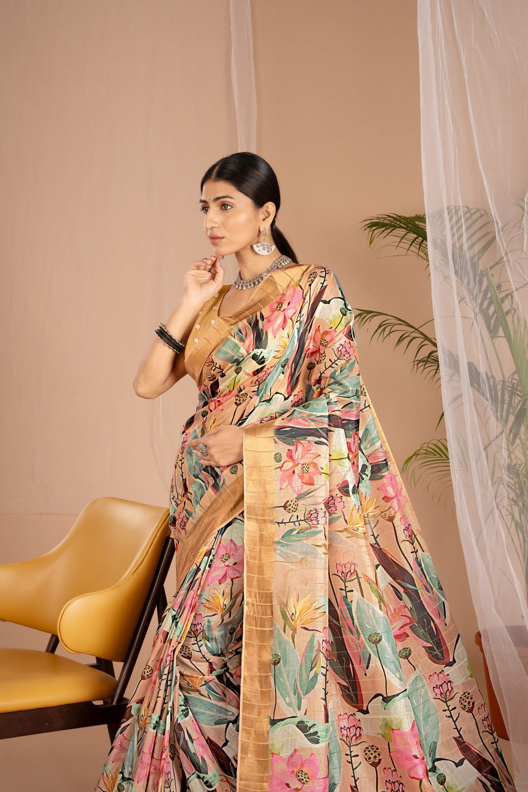 Golden Cot Handloom Silk Digital Print Light Yellow Floral Saree With Golden Border