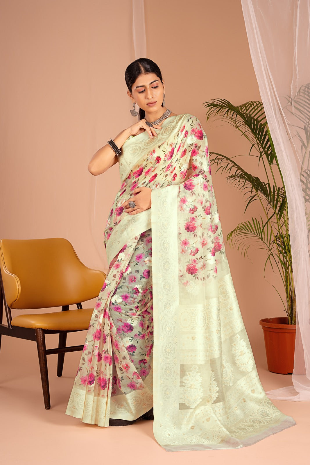 Lakhnawi Digital Print Light Yellow Floral Saree