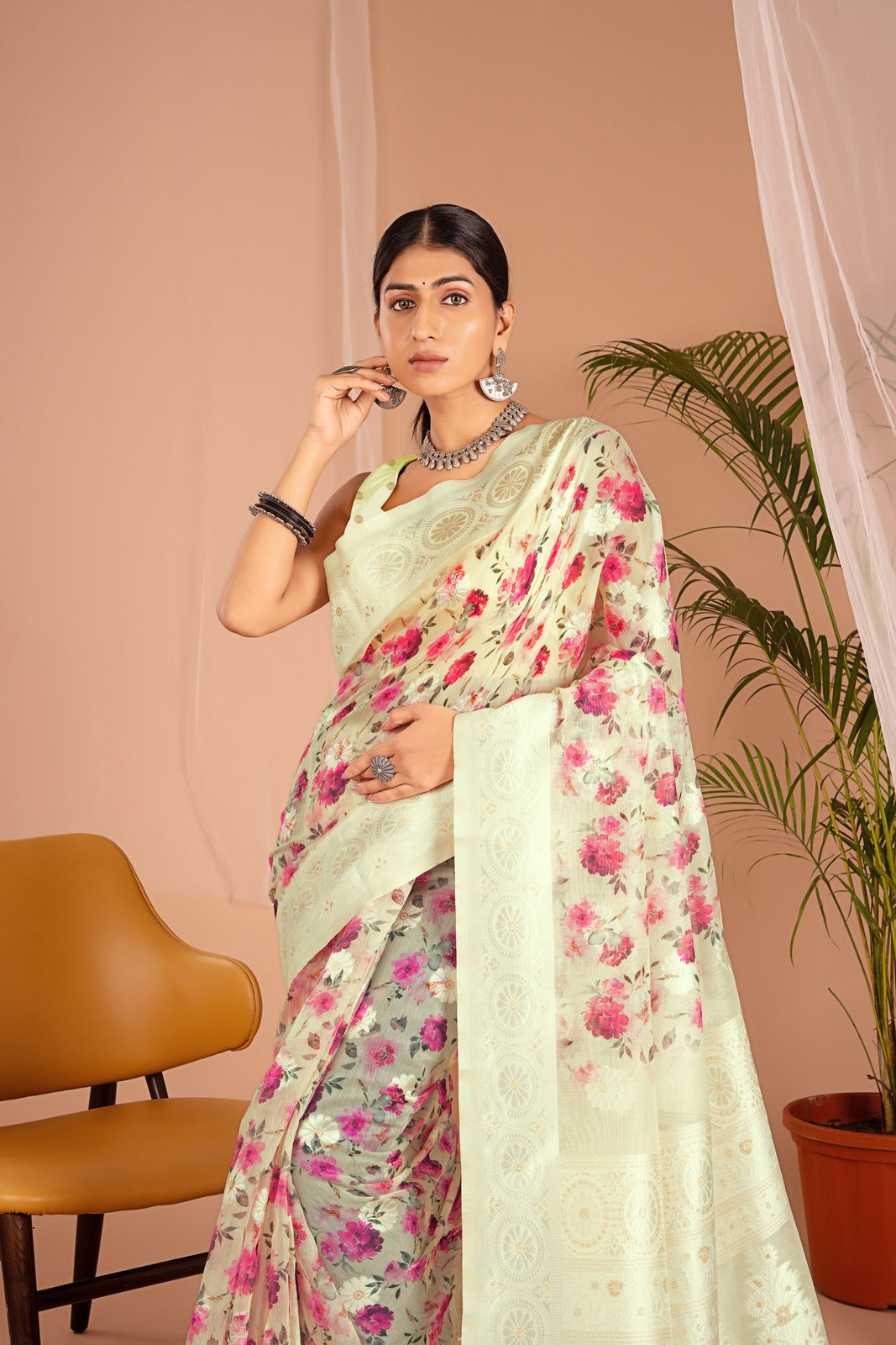 Lakhnawi Digital Print Light Yellow Floral Saree