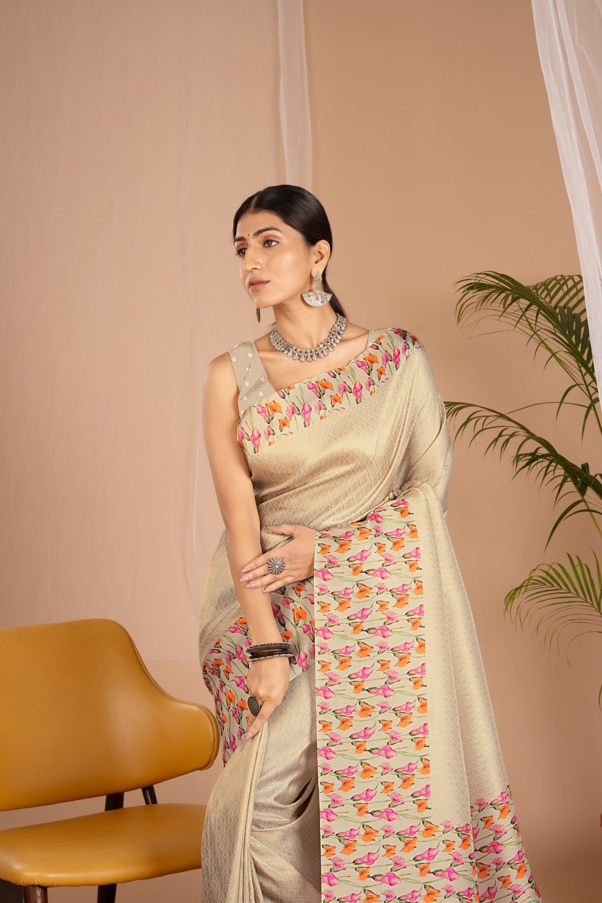 Banarasi Softy Digital Print Floral Silk Light Yellow Saree-Festive And Party Wear