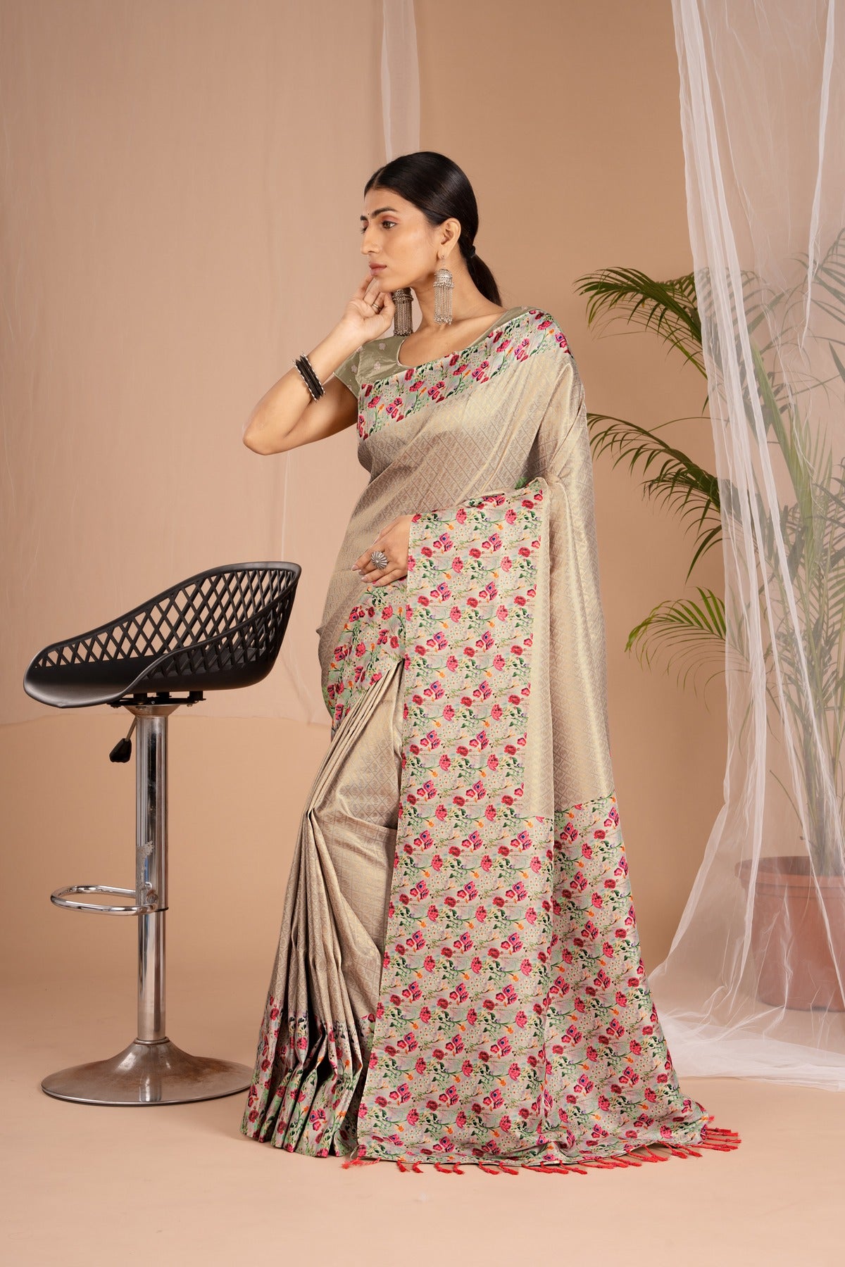 Banarasi Softy Digital Print Floral Silk Biege Colour Saree-Festive And Party Wear