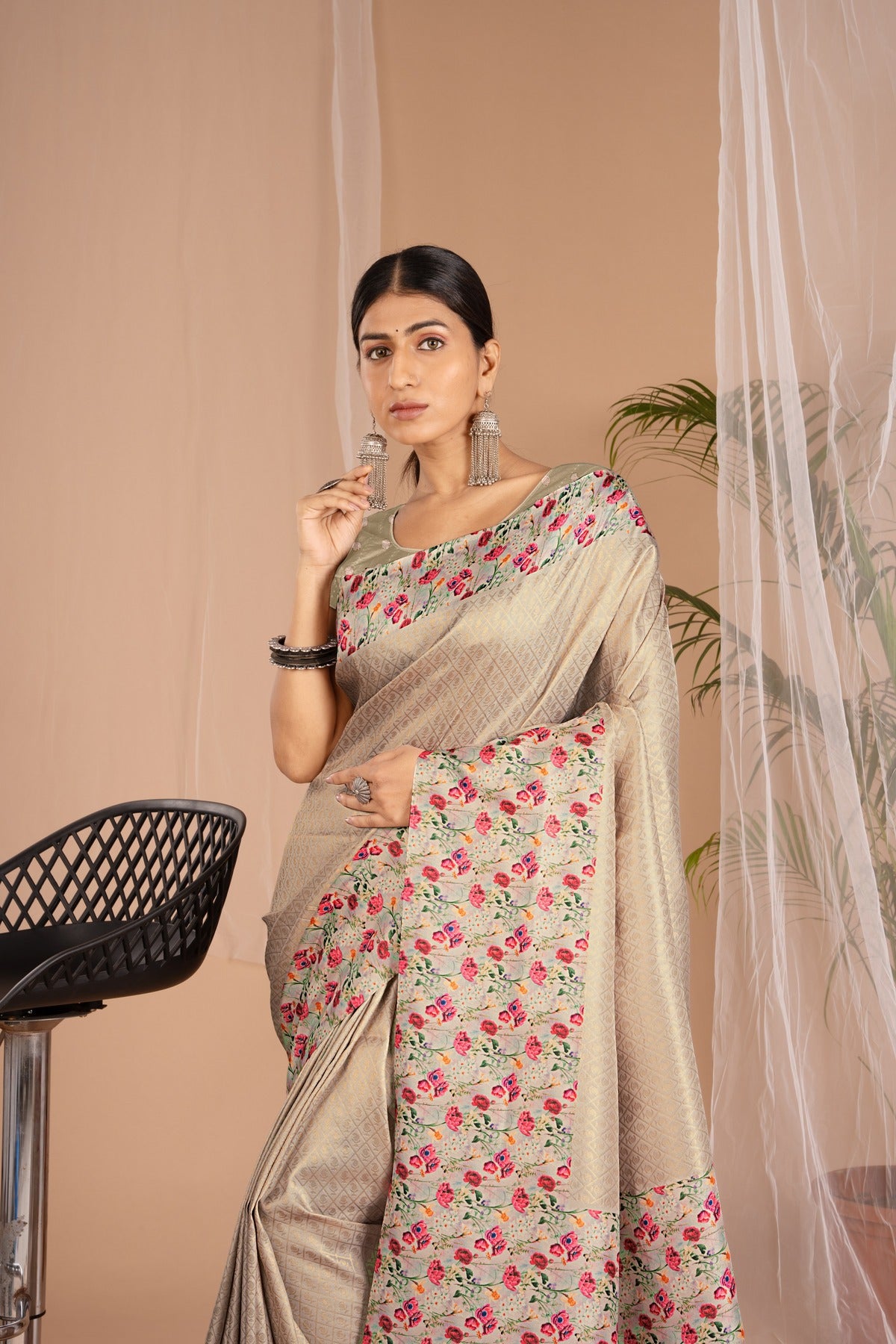 Banarasi Softy Digital Print Floral Silk Biege Colour Saree-Festive And Party Wear