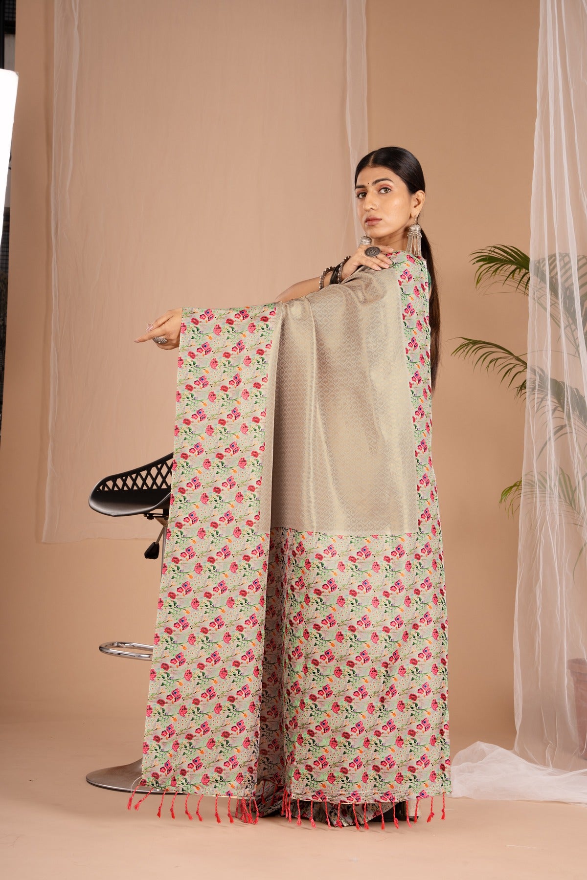 Banarasi Softy Digital Print Floral Silk Biege Colour Saree-Festive And Party Wear