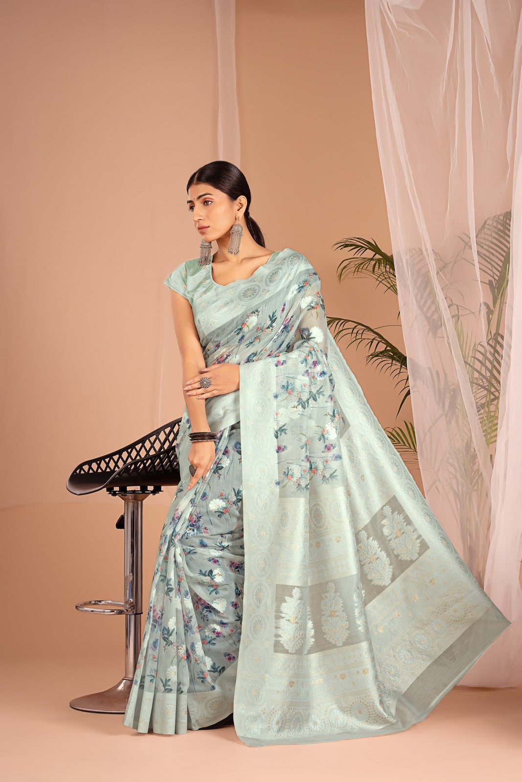 Lakhnawi Digital Print Pista Floral Saree
