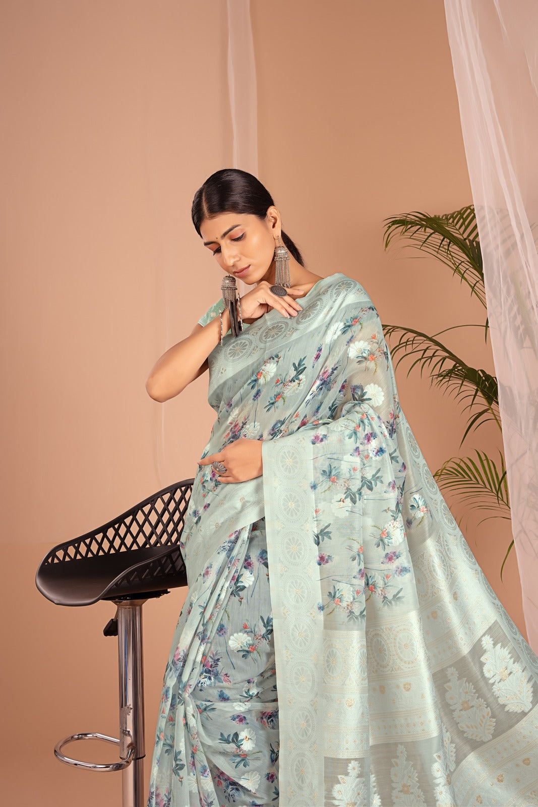 Lakhnawi Digital Print Pista Floral Saree