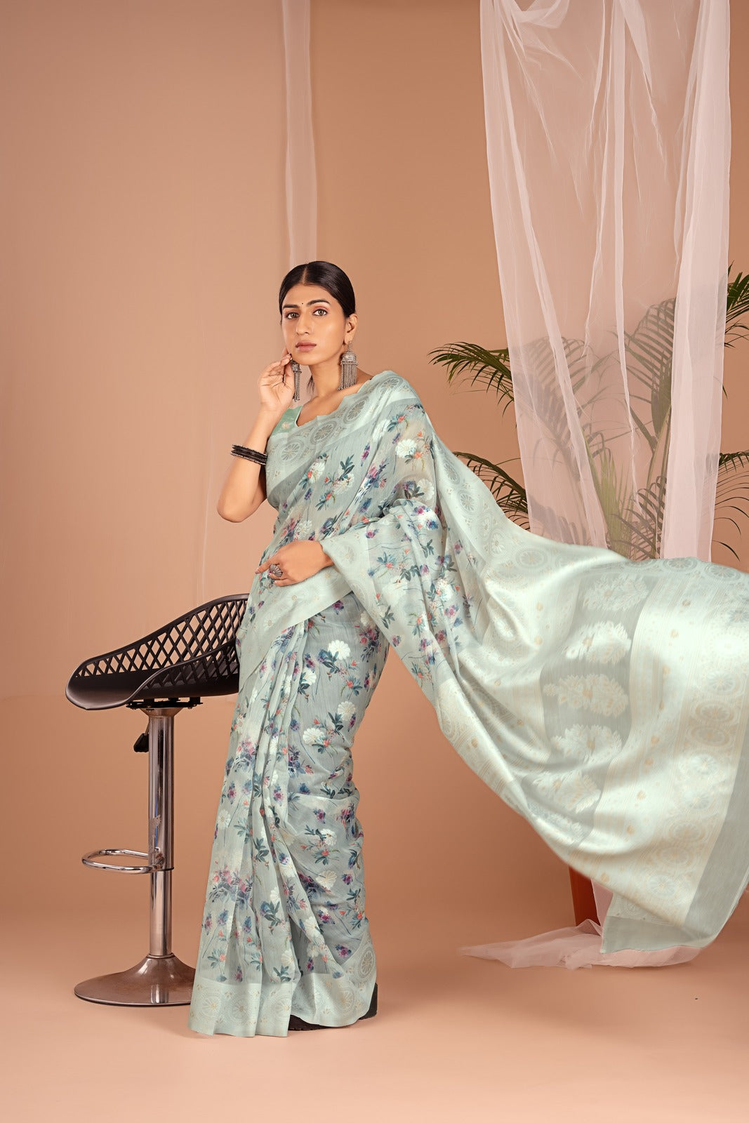 Lakhnawi Digital Print Pista Floral Saree