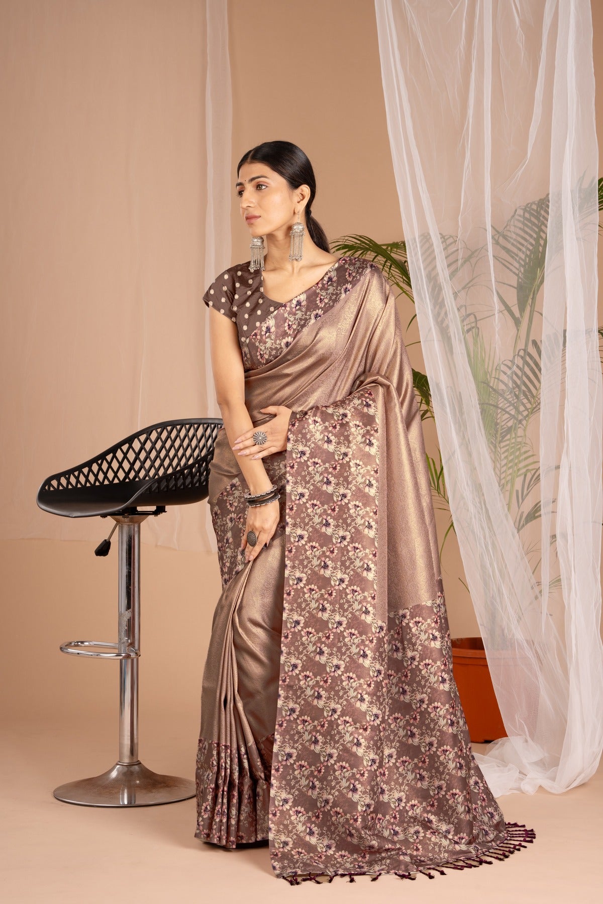 Banarasi Softy Digital Print Floral Silk Coffee Colour Saree-Festive And Party Wear