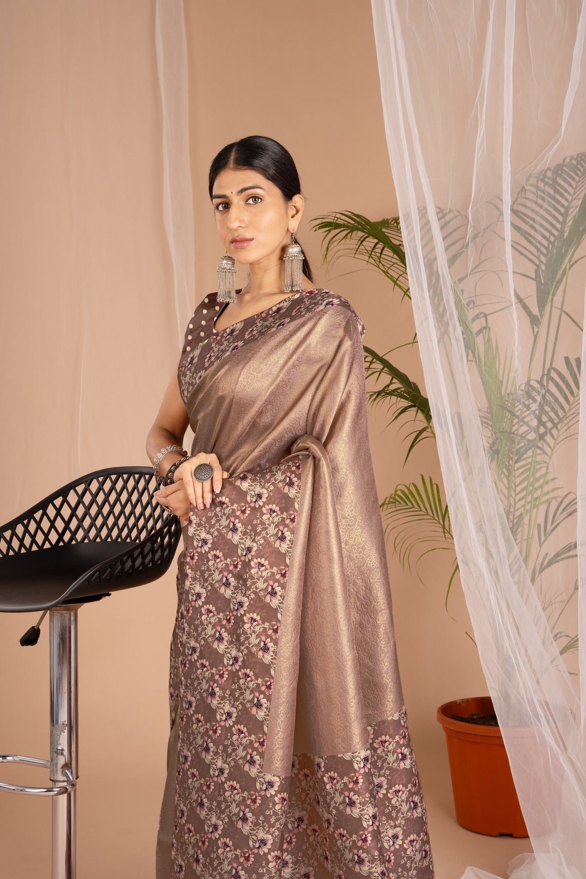 Banarasi Softy Digital Print Floral Silk Coffee Colour Saree-Festive And Party Wear