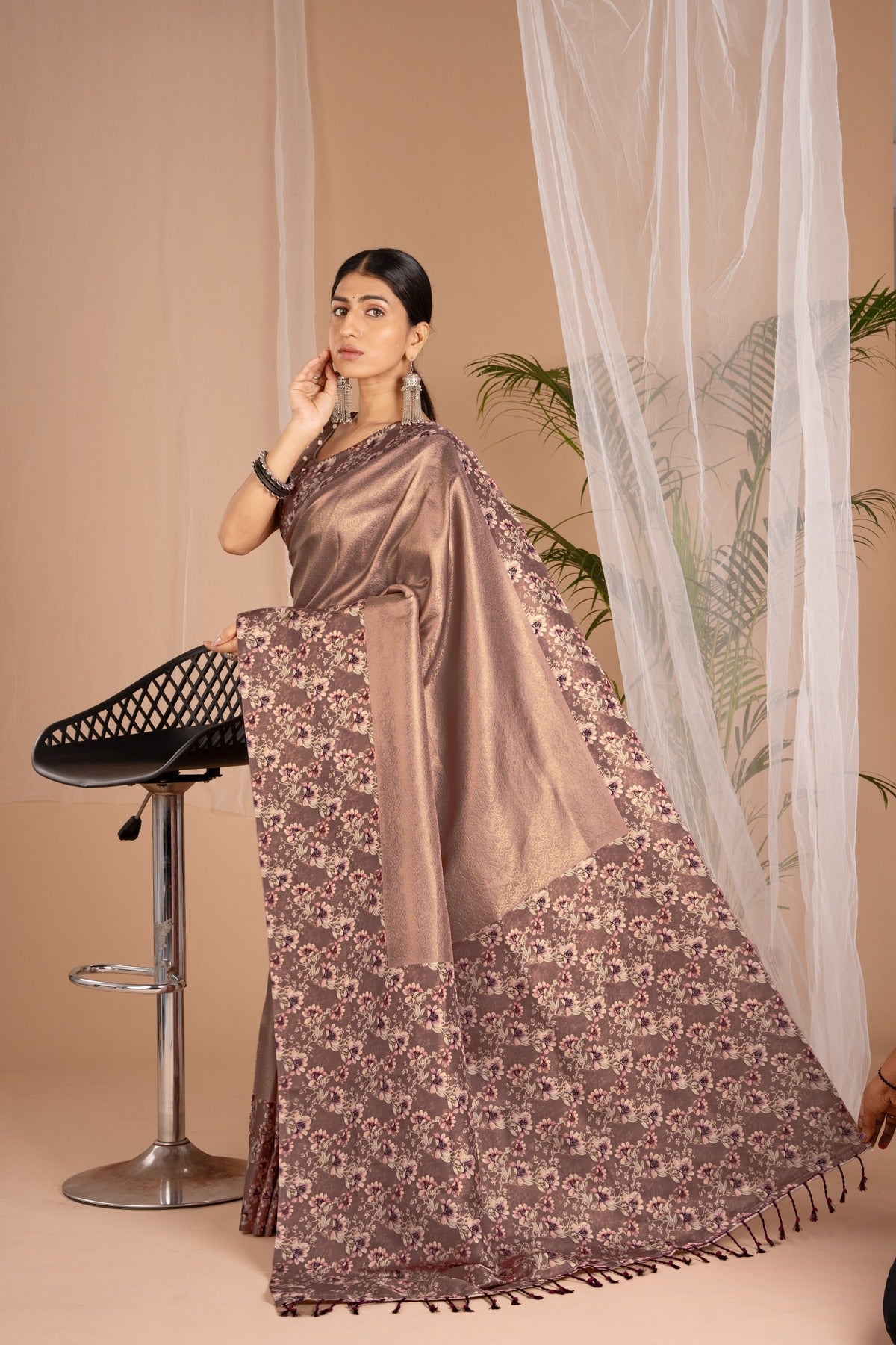 Banarasi Softy Digital Print Floral Silk Coffee Colour Saree-Festive And Party Wear