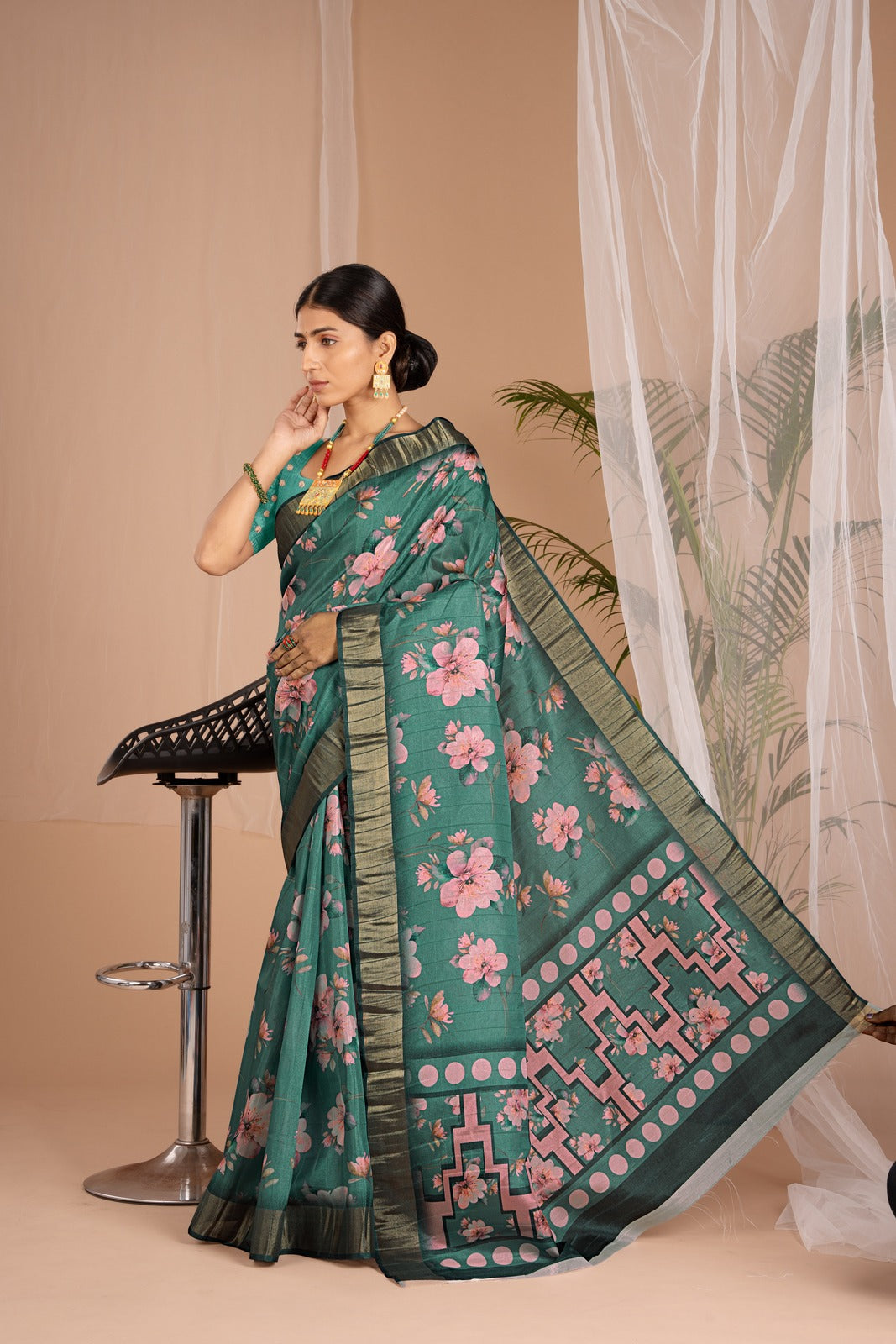 Golden Cot Handloom Silk Digital Print Dark Green Floral Saree With Golden Border
