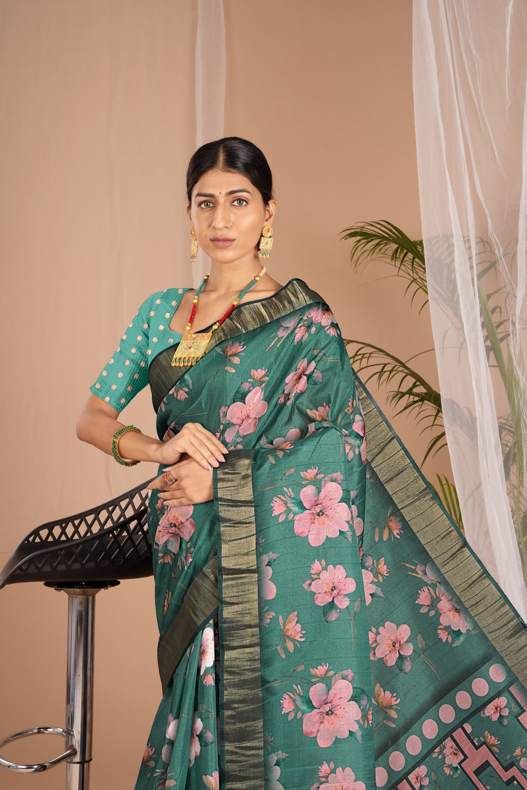 Golden Cot Handloom Silk Digital Print Dark Green Floral Saree With Golden Border