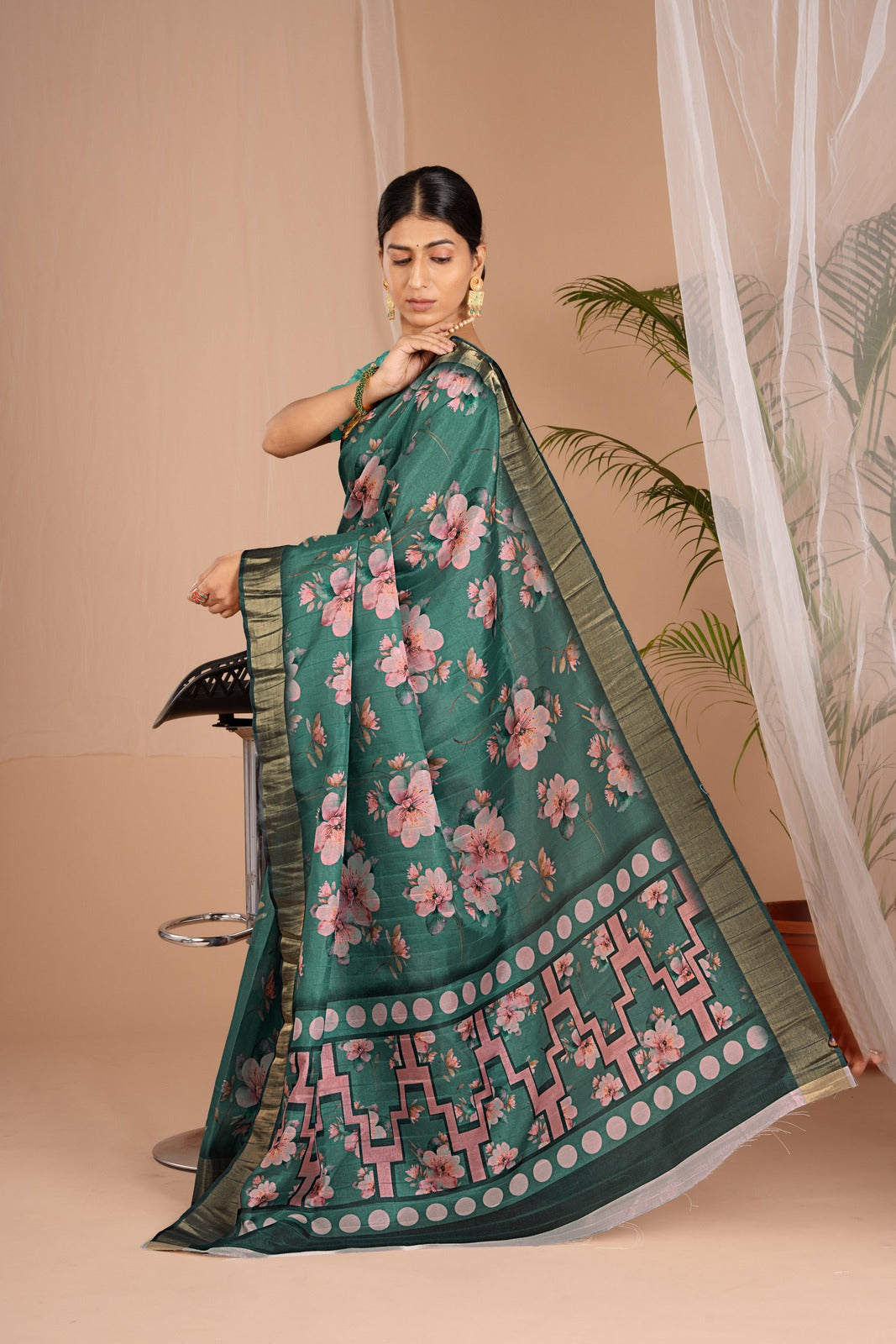 Golden Cot Handloom Silk Digital Print Dark Green Floral Saree With Golden Border