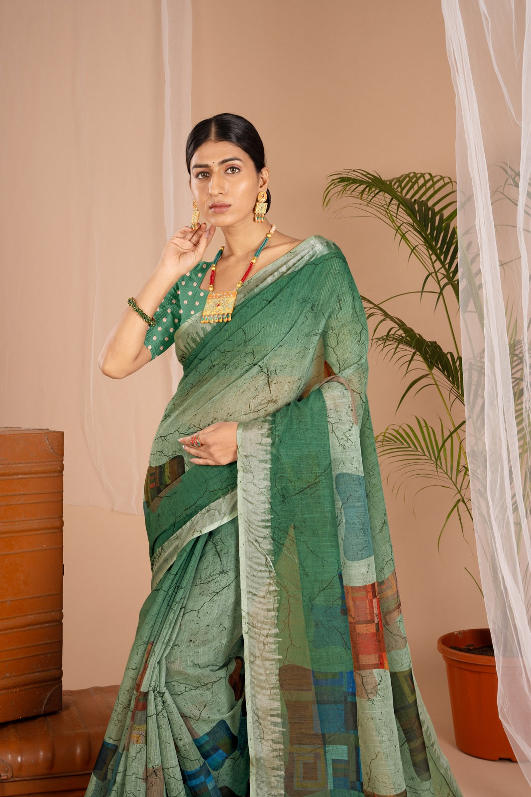 Silver Cot Green Digital Print Saree with Silver Border