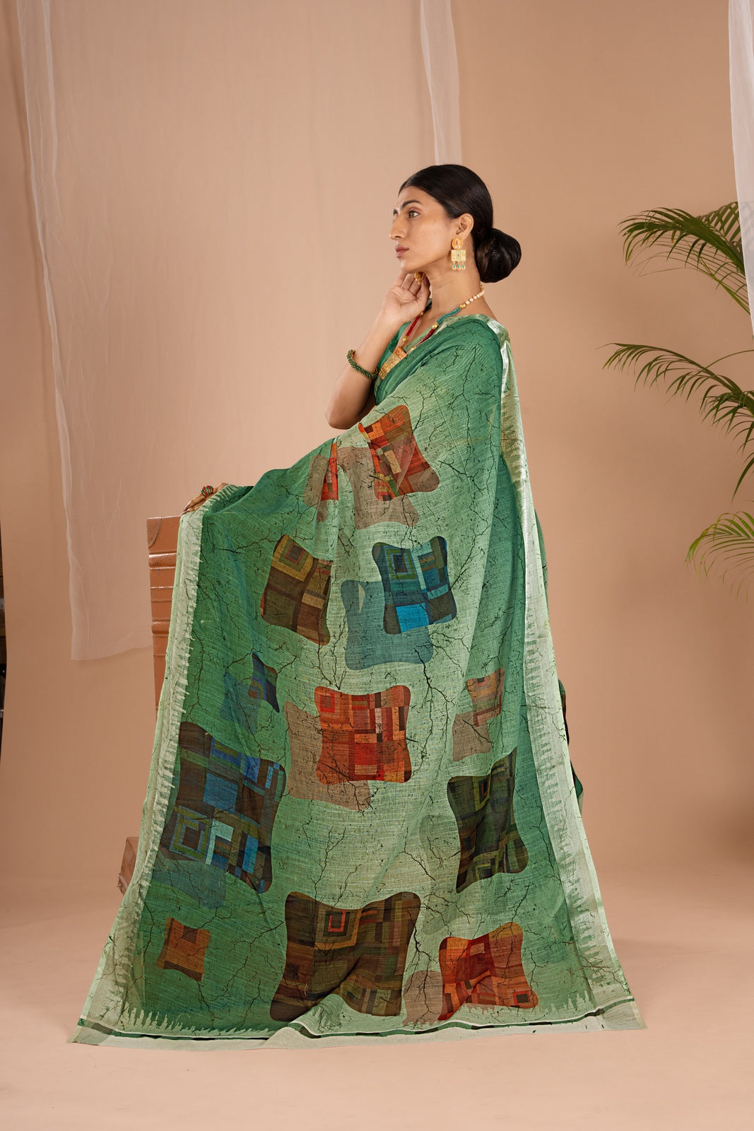 Silver Cot Green Digital Print Saree with Silver Border