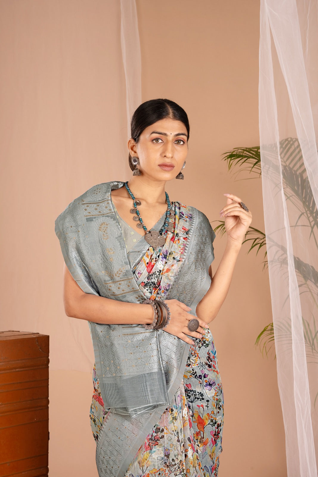 Lakhnawi Digital Print Silver Floral Saree