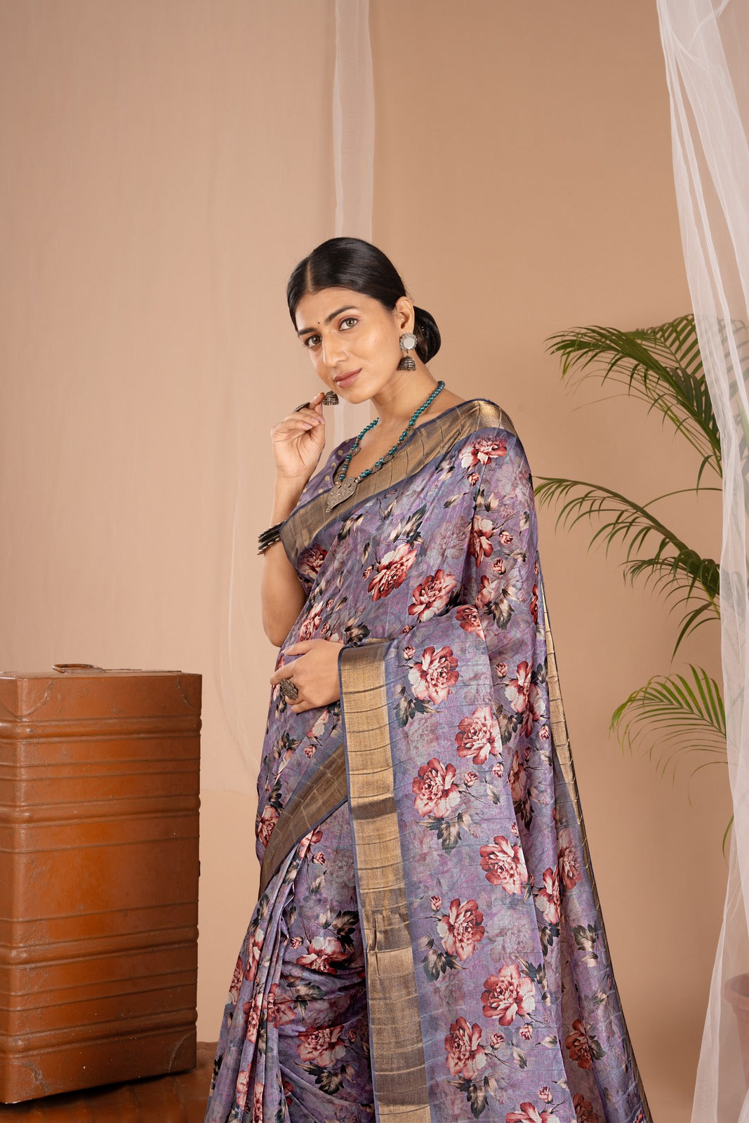 Golden Cot Handloom Silk Digital Print Violet Floral Saree With Golden Border