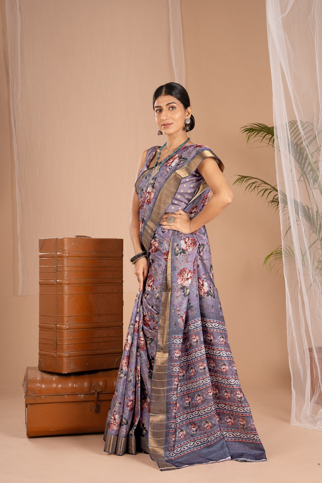 Golden Cot Handloom Silk Digital Print Violet Floral Saree With Golden Border