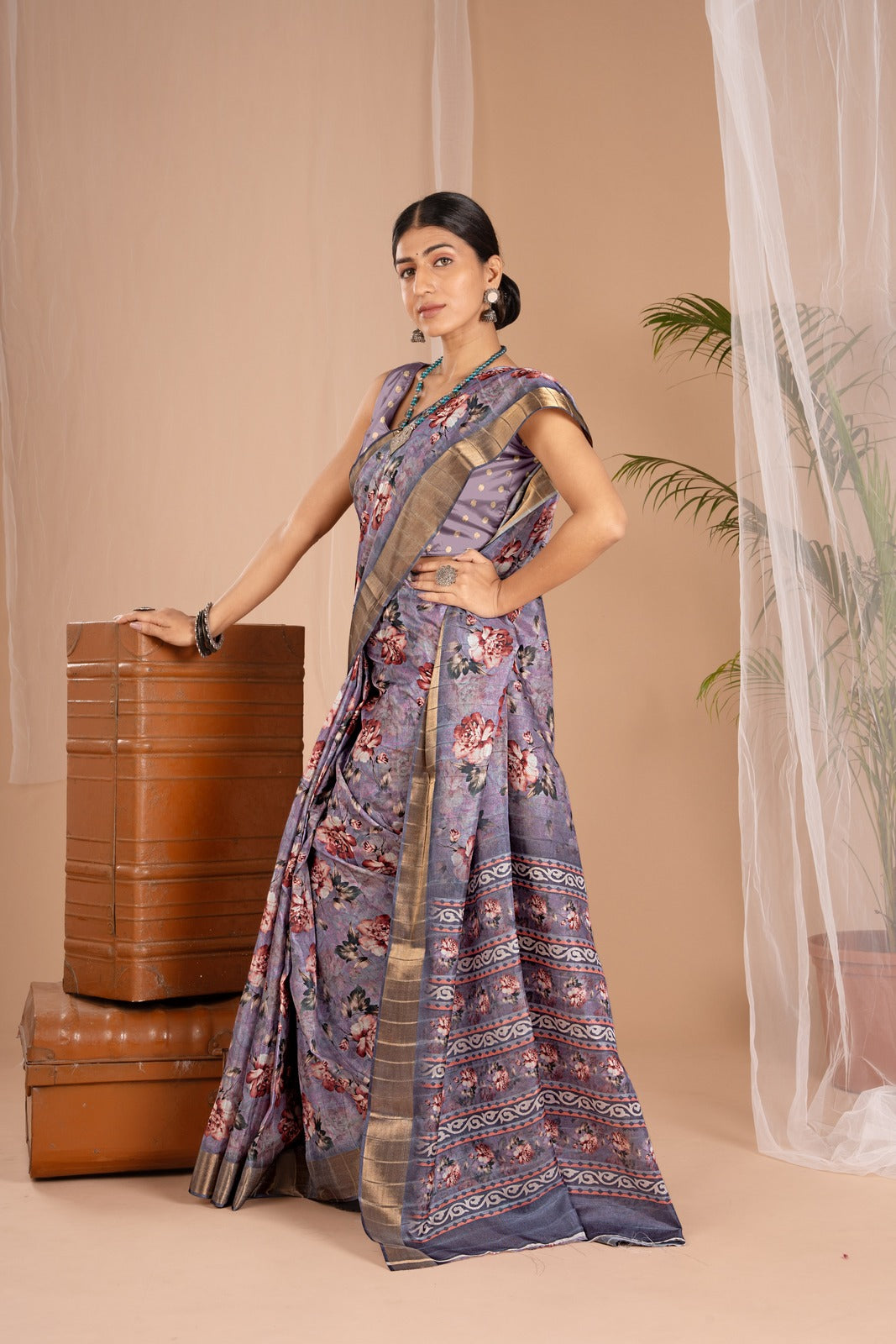 Golden Cot Handloom Silk Digital Print Violet Floral Saree With Golden Border