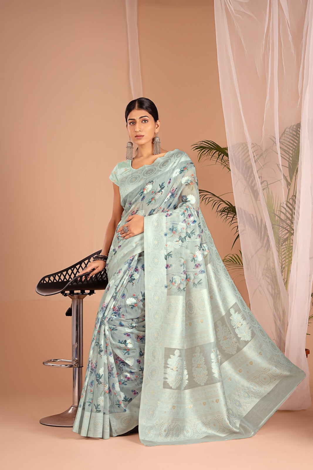 Lakhnawi Digital Print Pista Floral Saree
