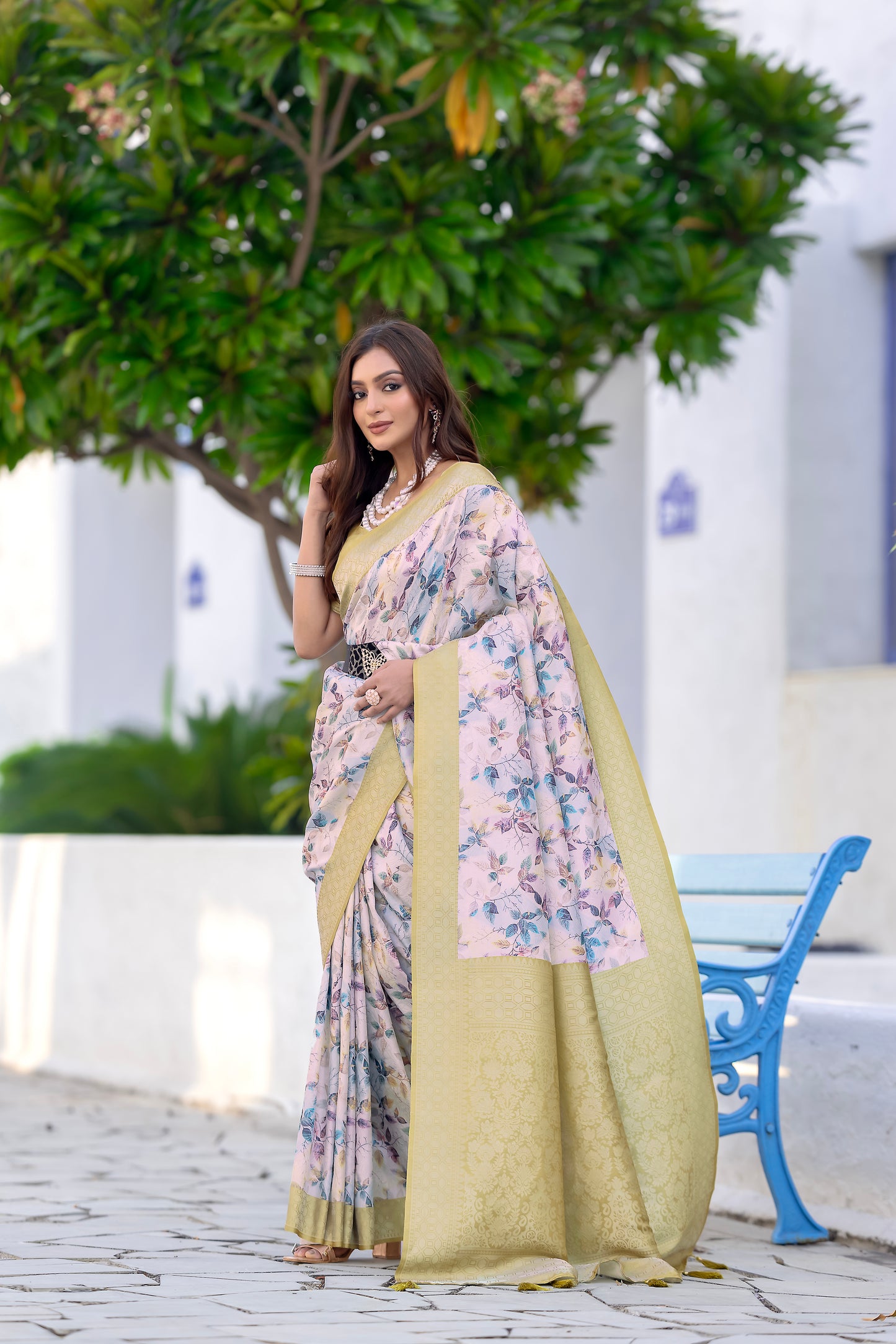 Banarasi Softy Digital Print Floral Silk Light Green Saree-Festive And Party Wear