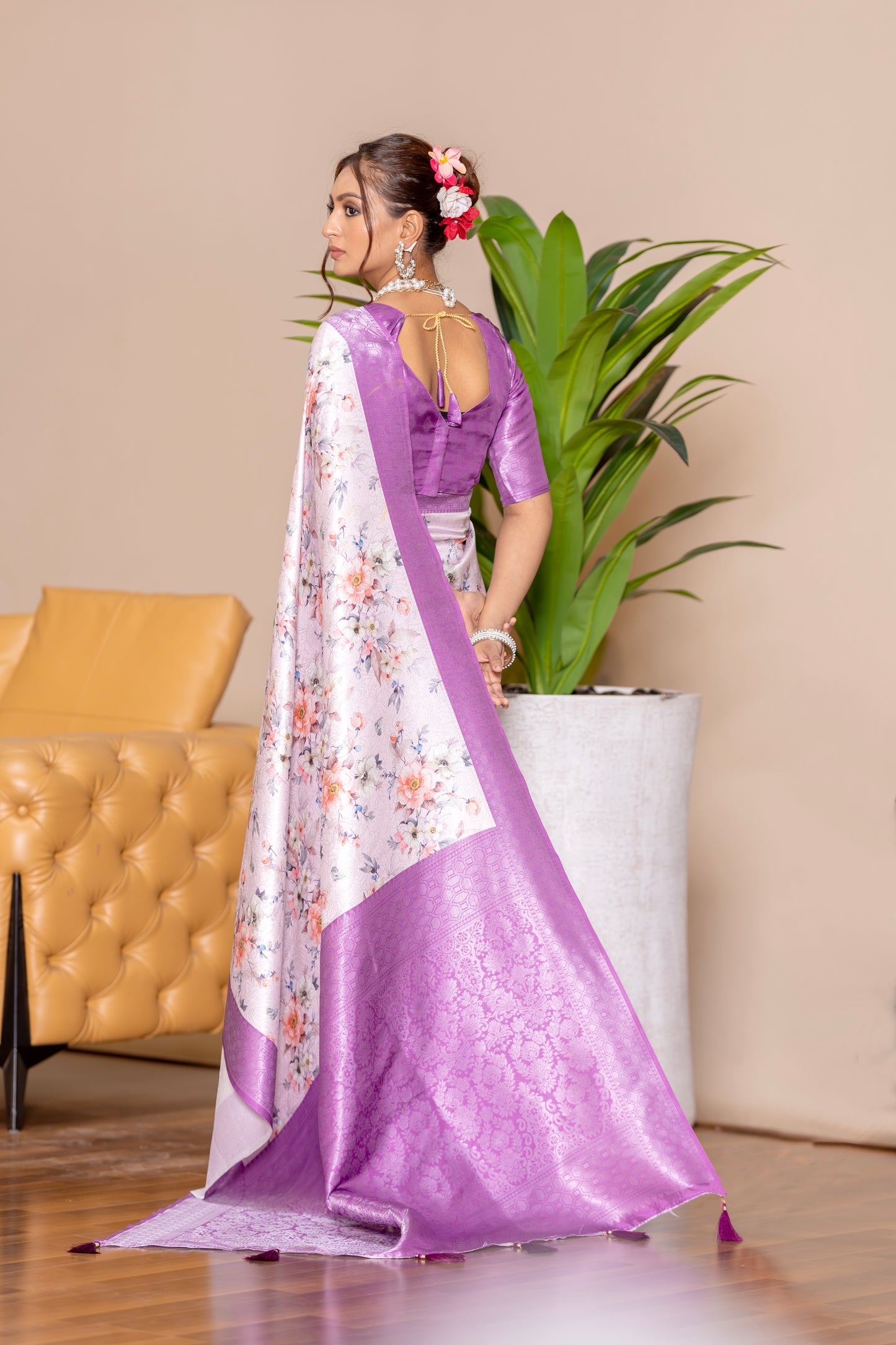 Banarasi Softy Digital Print Floral Silk Light Purple Saree-Festive And Party Wear