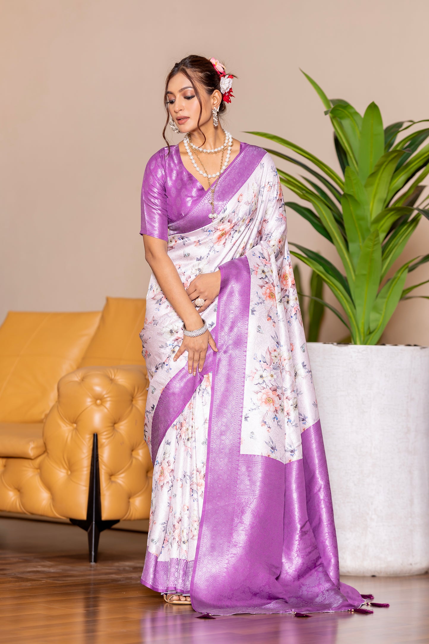 Banarasi Softy Digital Print Floral Silk Light Purple Saree-Festive And Party Wear
