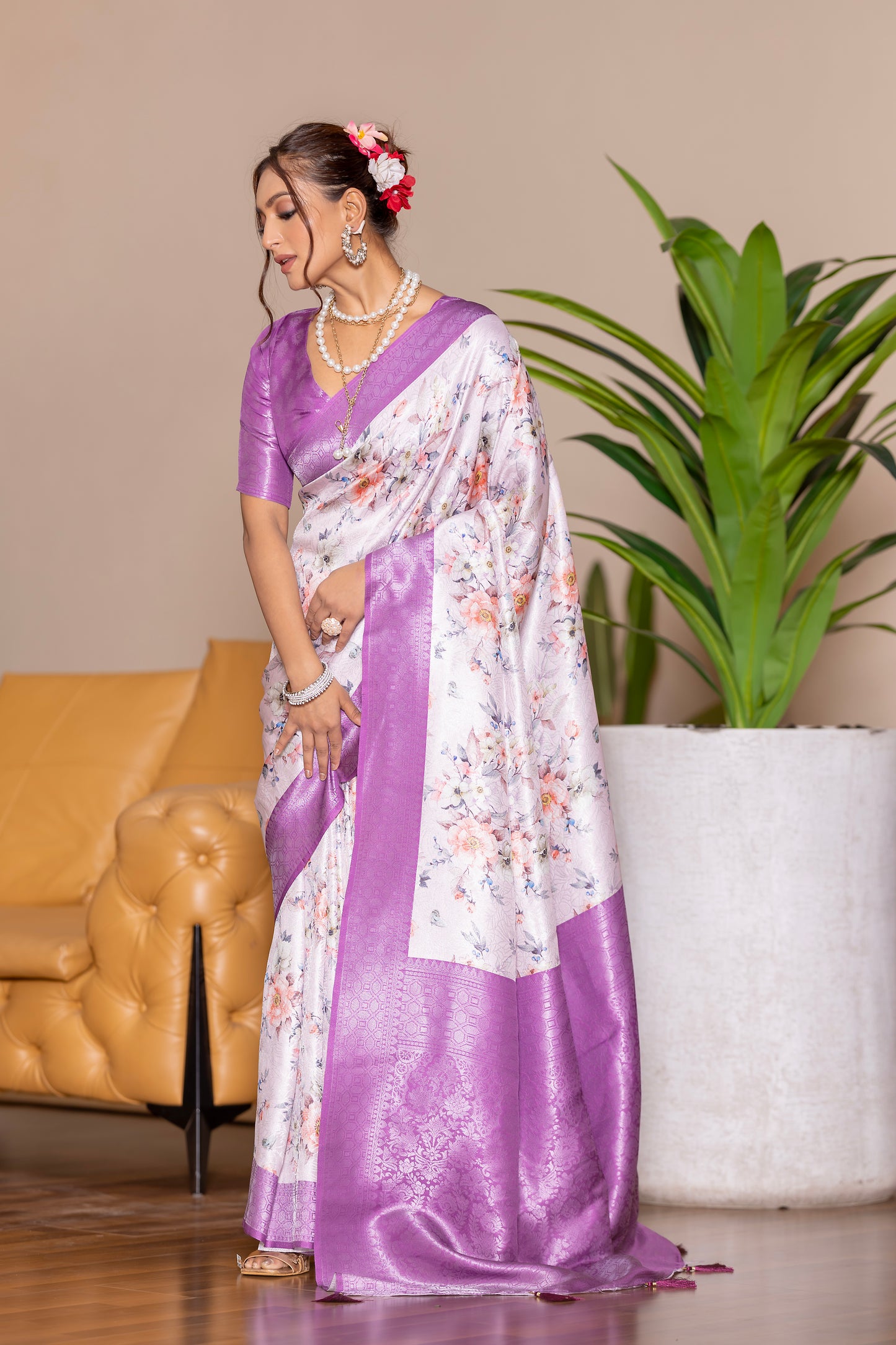 Banarasi Softy Digital Print Floral Silk Light Purple Saree-Festive And Party Wear