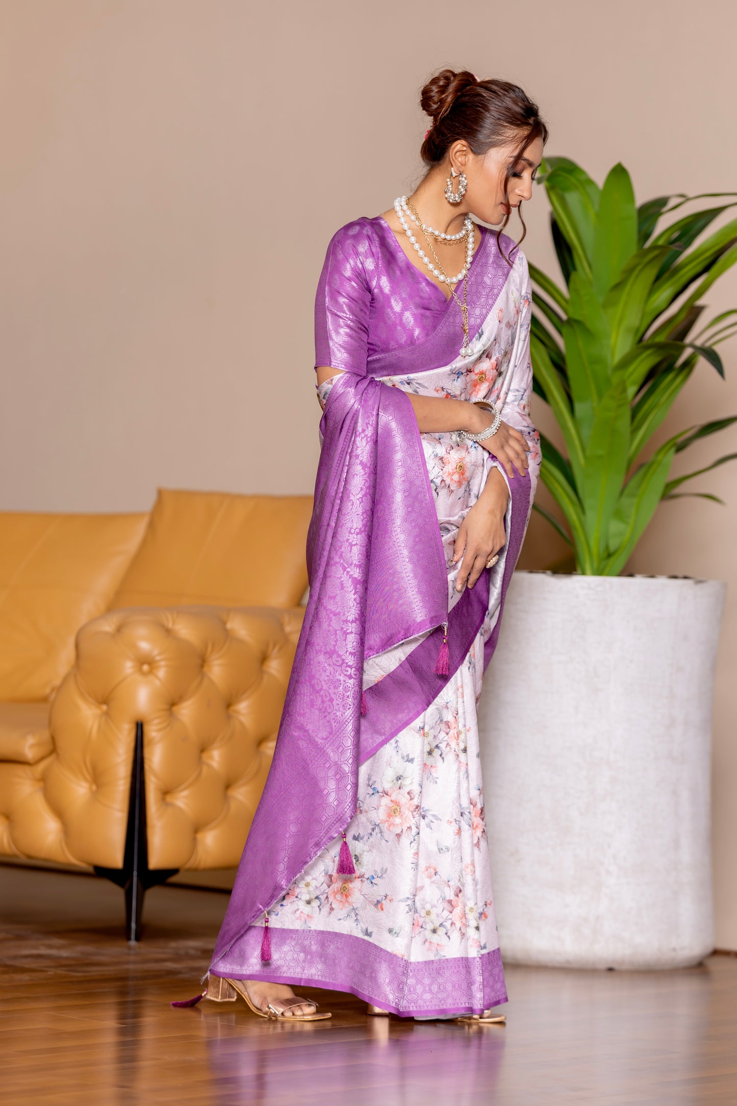 Banarasi Softy Digital Print Floral Silk Light Purple Saree-Festive And Party Wear