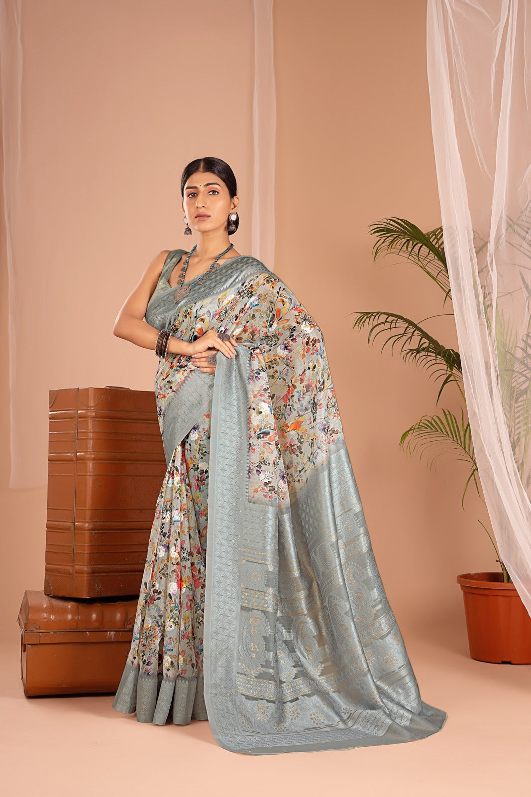Lakhnawi Digital Print Silver Floral Saree