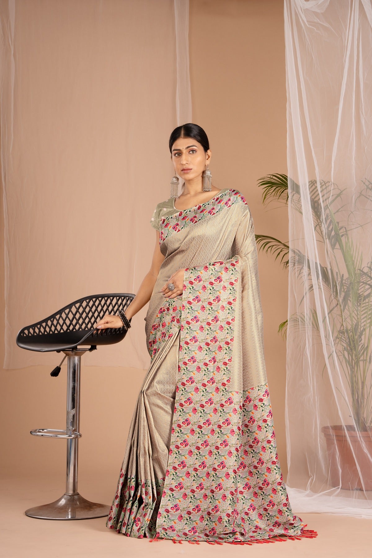 Banarasi Softy Digital Print Floral Silk Biege Colour Saree-Festive And Party Wear