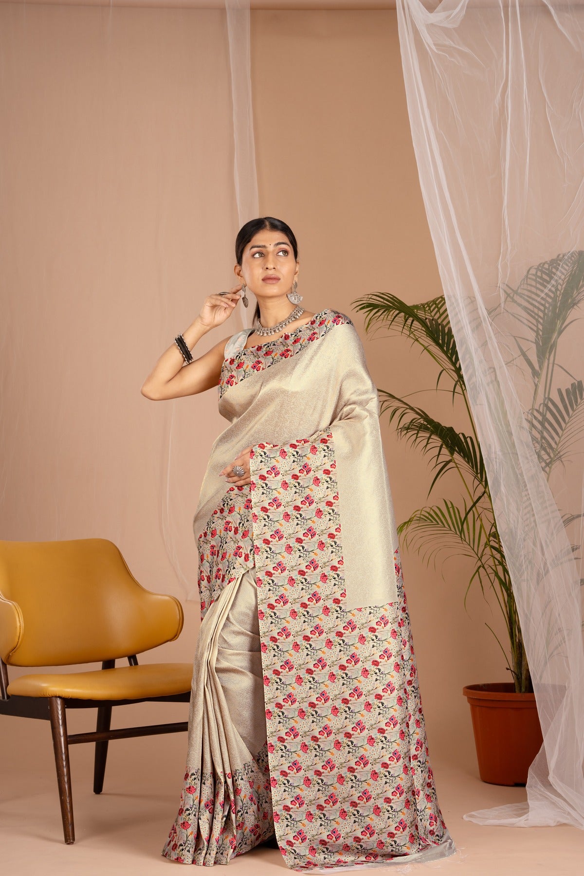 Banarasi Softy Digital Print Floral Silk Light Yellow Saree-Festive And Party Wear