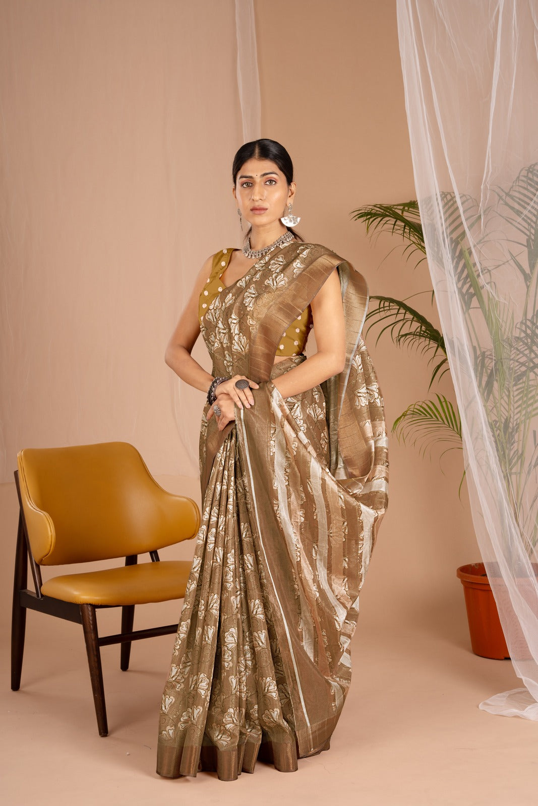 Golden Cot Handloom Silk Digital Print Khakhi Floral Saree With Golden Border