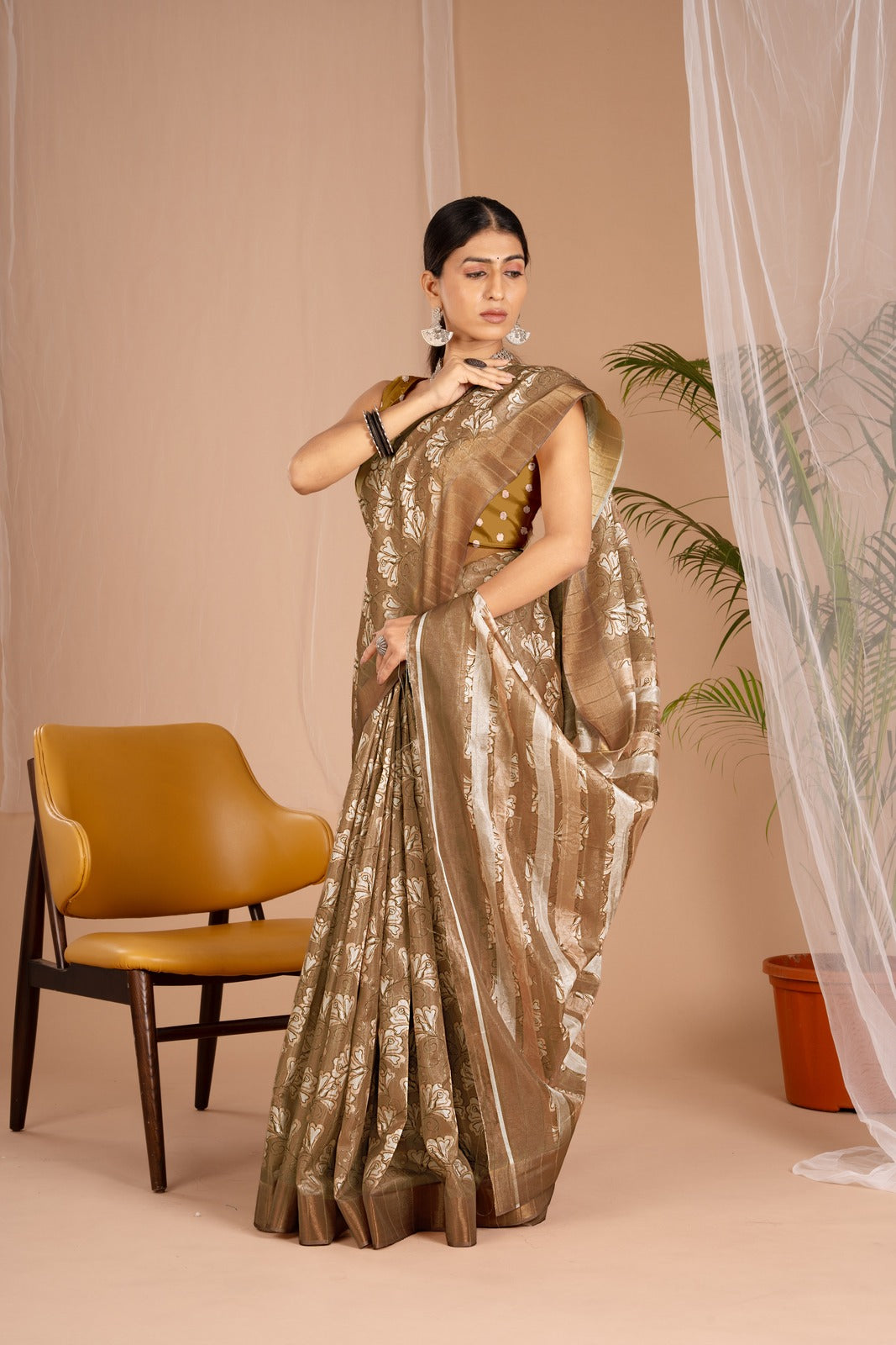 Golden Cot Handloom Silk Digital Print Khakhi Floral Saree With Golden Border
