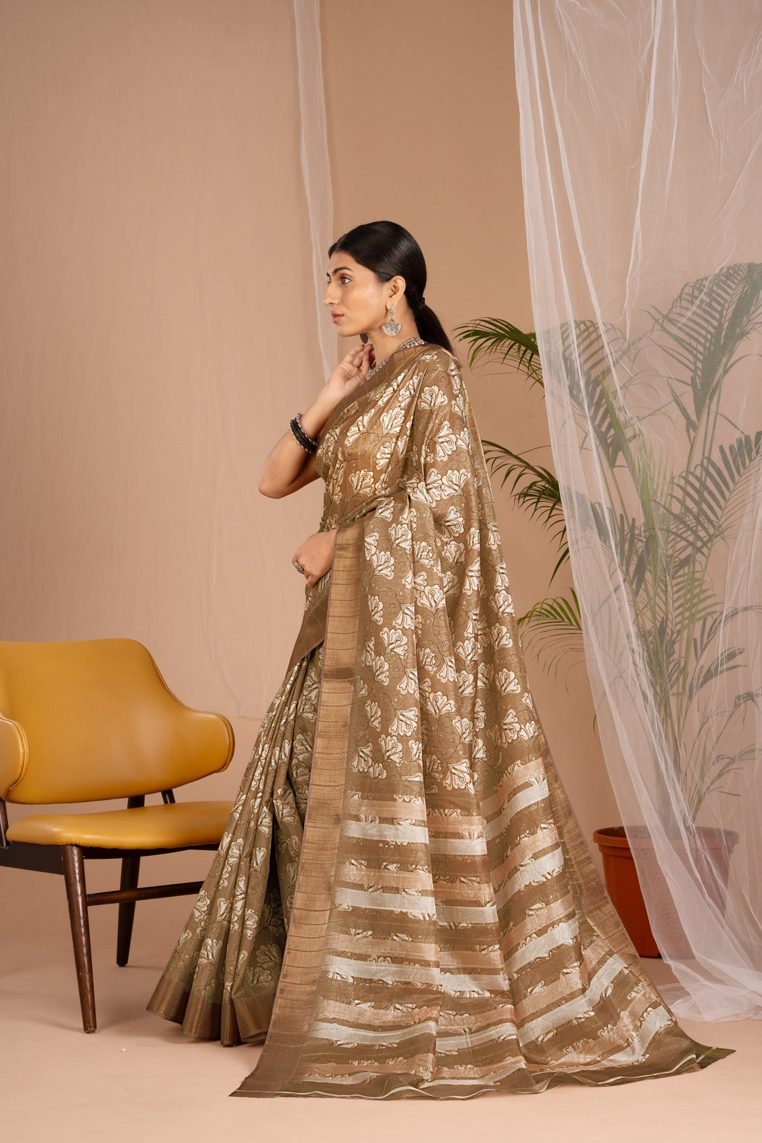 Golden Cot Handloom Silk Digital Print Khakhi Floral Saree With Golden Border