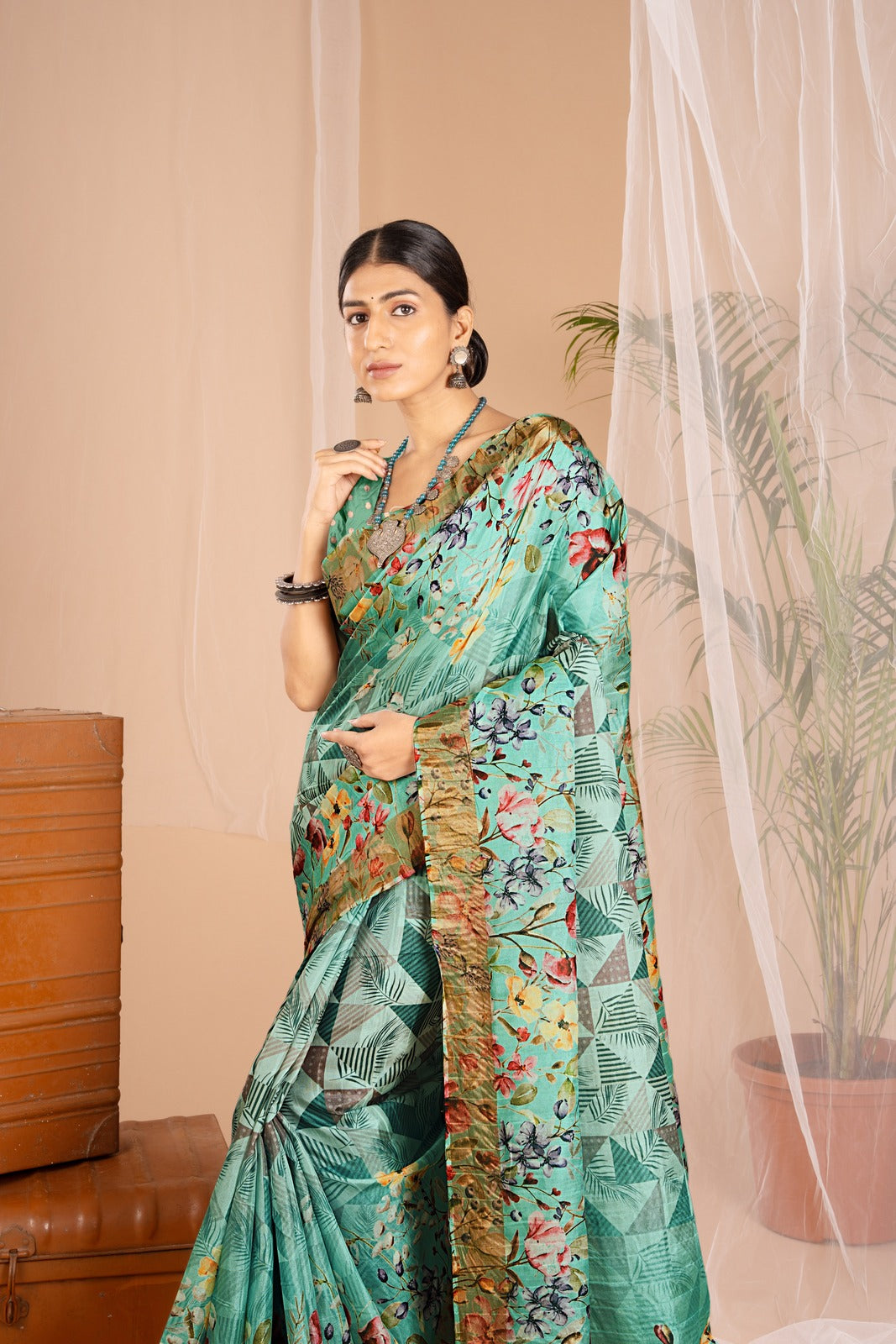 Golden Cot Digital Print Sea Green Floral Saree With Golden Border