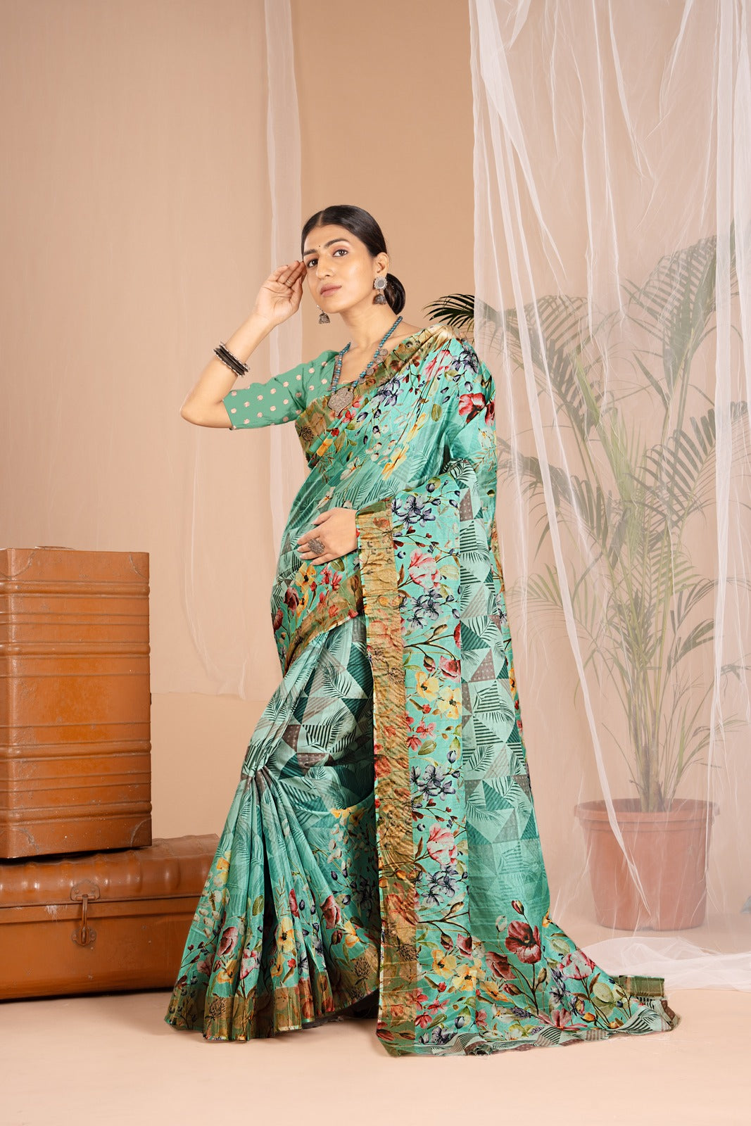 Golden Cot Digital Print Sea Green Floral Saree With Golden Border