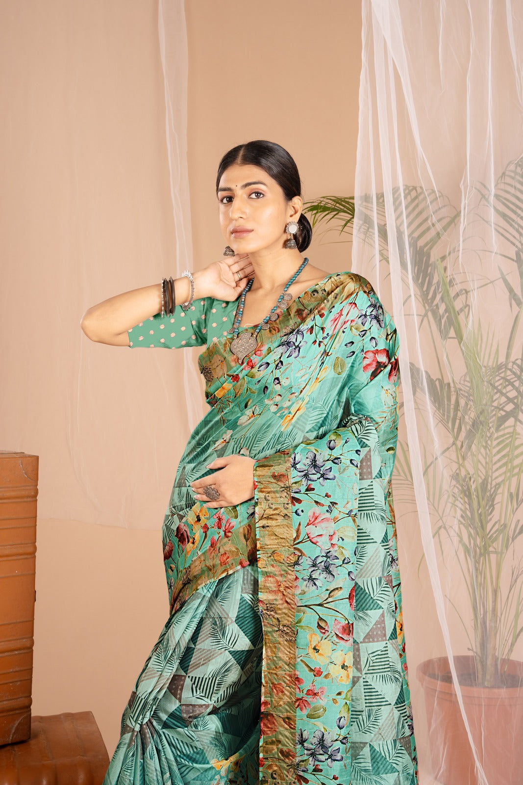 Golden Cot Digital Print Sea Green Floral Saree With Golden Border