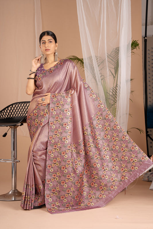 Banarasi Softy Digital Print Floral Silk Purple Colour Saree-Festive And Party Wear