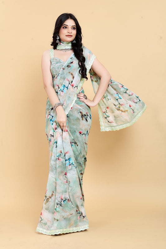 Weightless Green Saree with Multicolored Designs