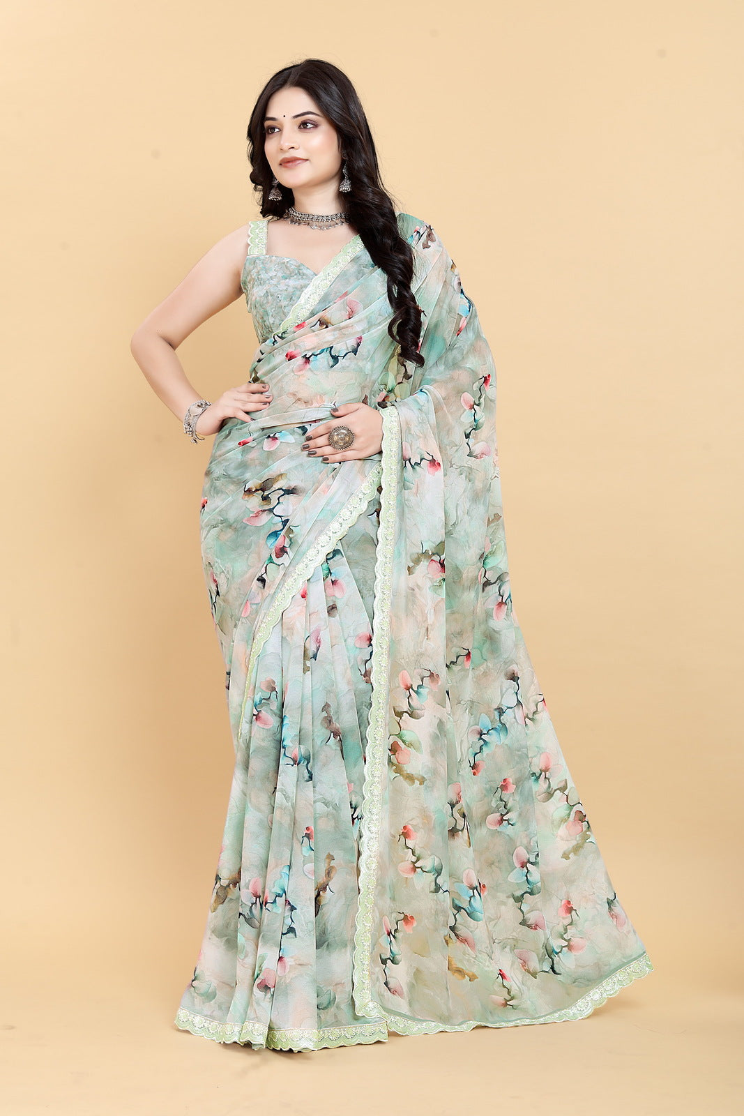 Weightless Green Saree with Multicolored Designs