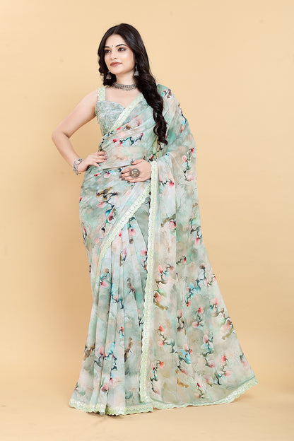 Weightless Green Saree with Multicolored Designs