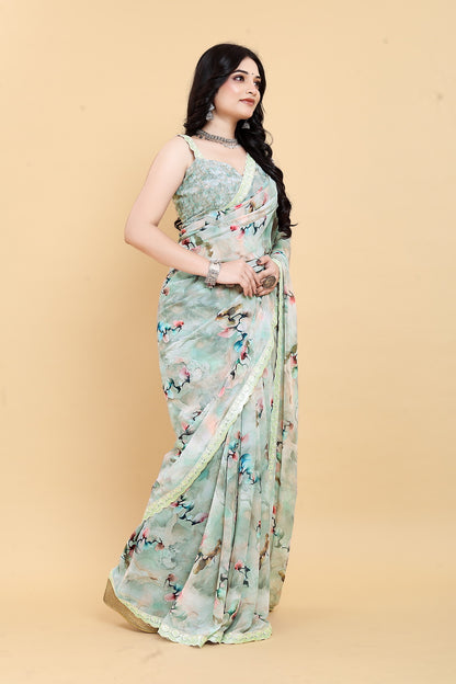 Weightless Green Saree with Multicolored Designs
