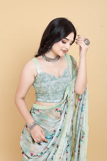 Weightless Green Saree with Multicolored Designs