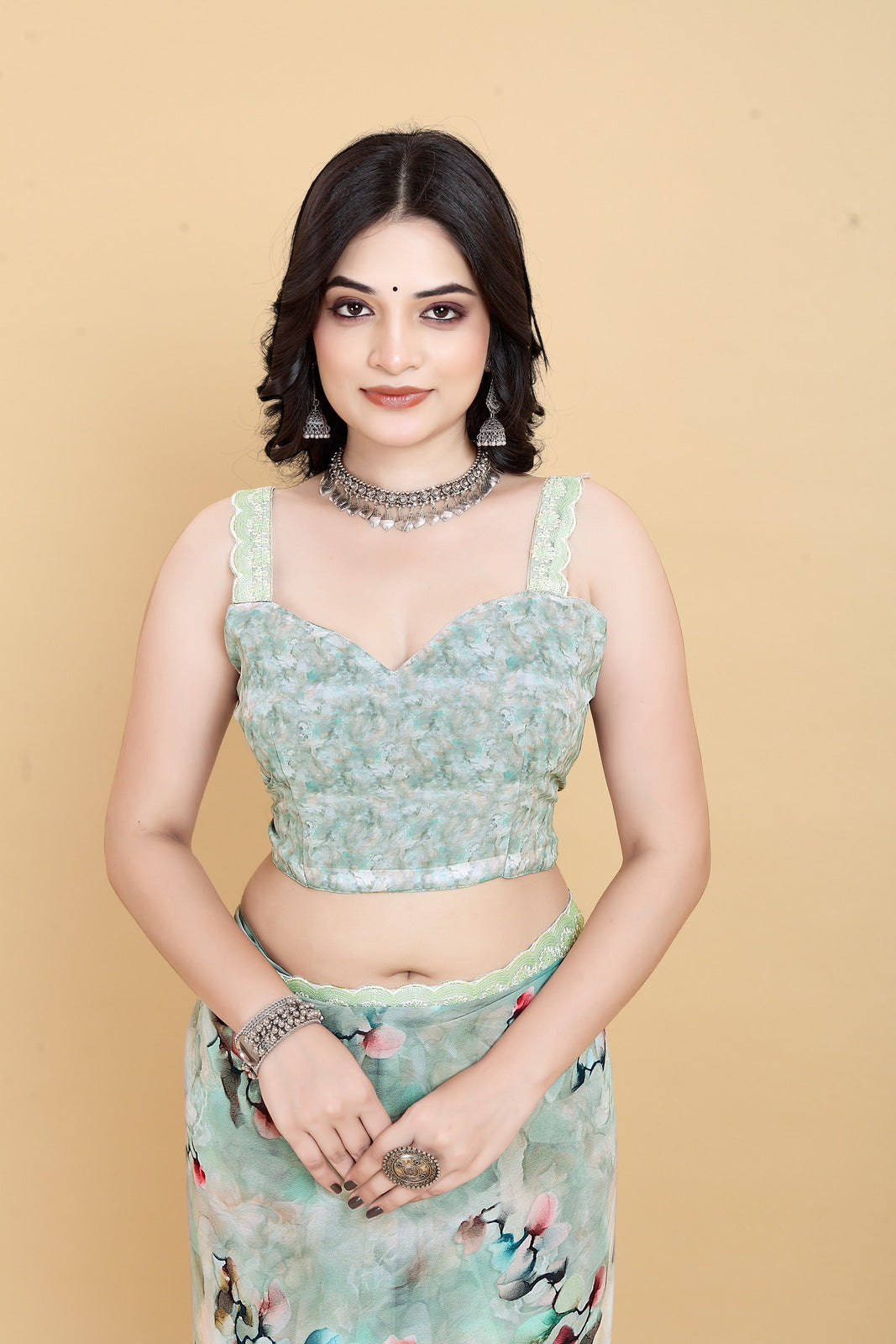 Weightless Green Saree with Multicolored Designs