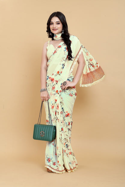 Elegant Weightless Yellow Saree Featuring Multi Colored Patterns