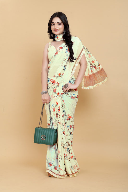 Elegant Weightless Yellow Saree Featuring Multi Colored Patterns