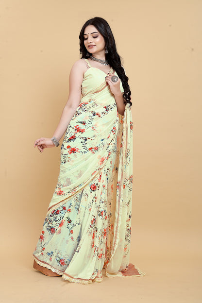 Elegant Weightless Yellow Saree Featuring Multi Colored Patterns