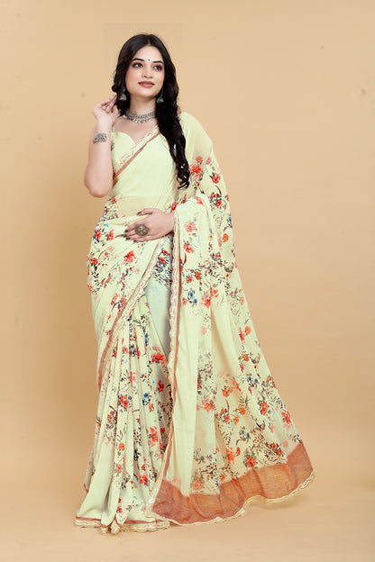 Elegant Weightless Yellow Saree Featuring Multi Colored Patterns